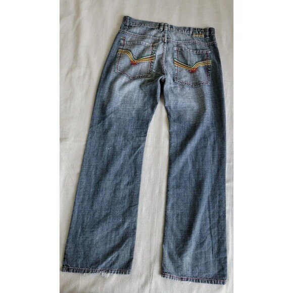 PJ Mark Mens Jeans 37x33 Blue Embroidered High Rise Baggy Hip Hop Distressed - Picture 1 of 16